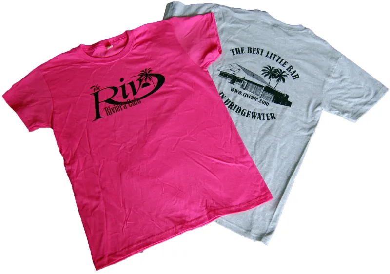 Pink and gray Riv Cafe t-shirts